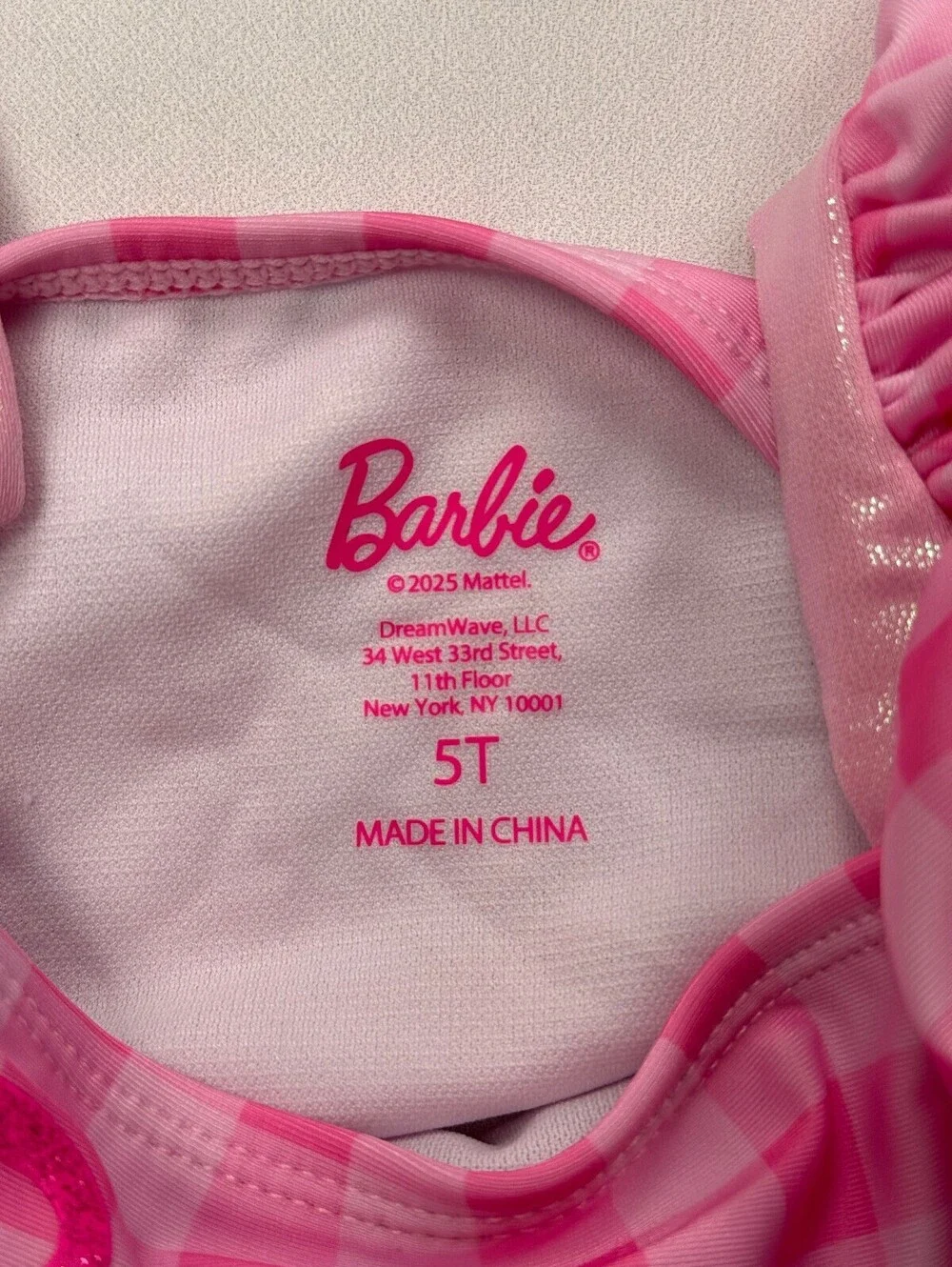 Barbie Printed Swimsuit Pink Modern Barbiecore Ruffle Detail - Girls 5T